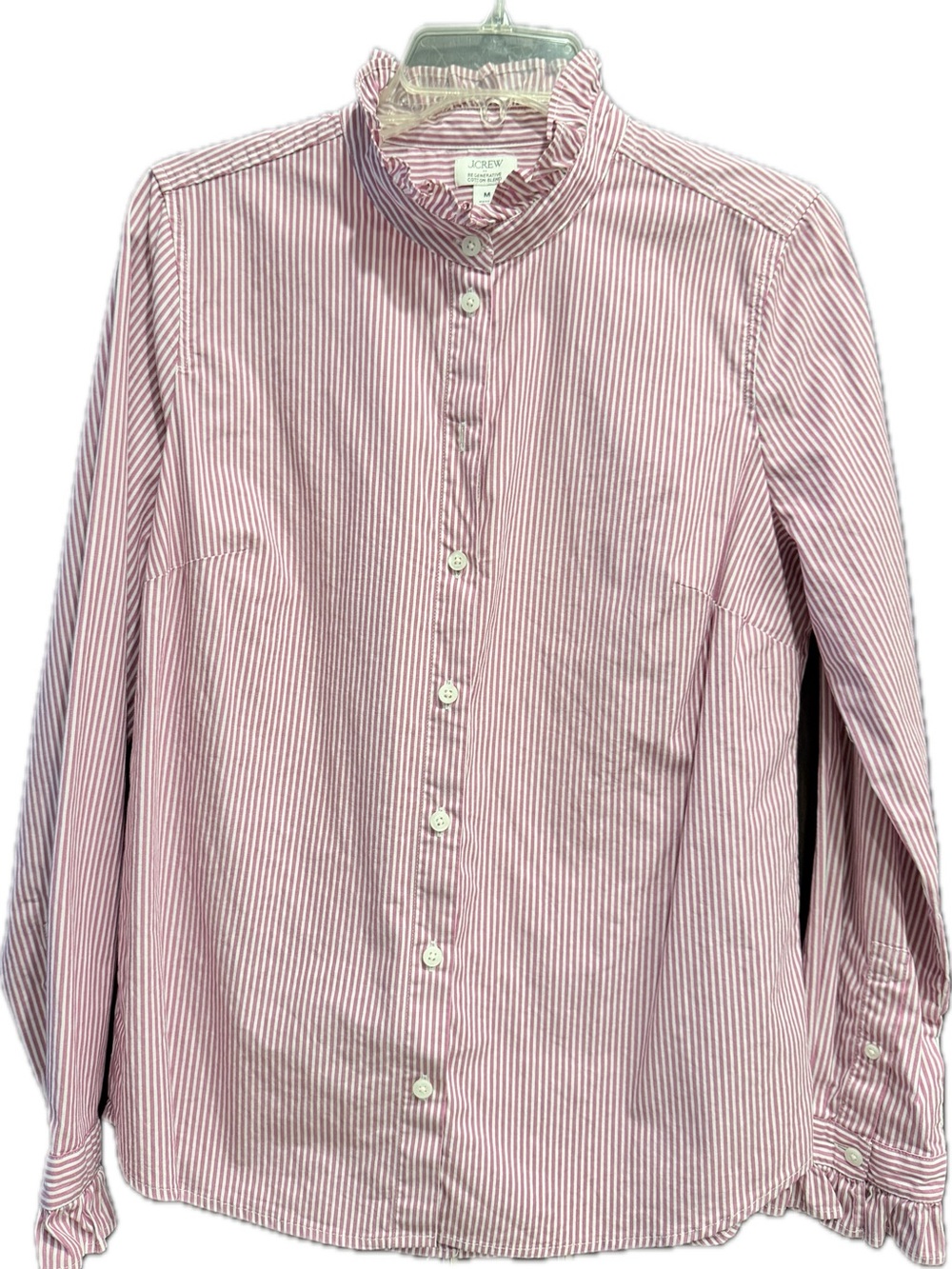 J. Crew Pink and White Striped Ruffle Collar Button-Down Shirt